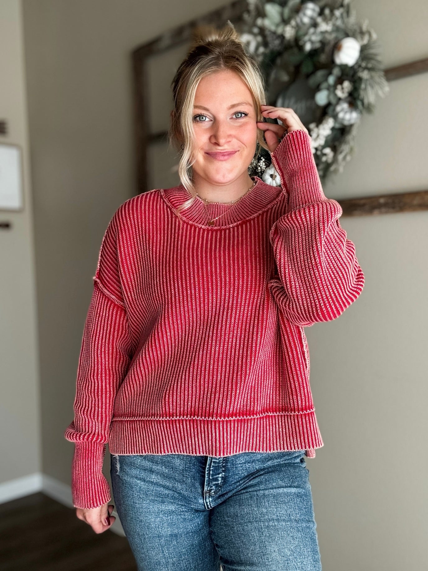 Hollis Washed Knit Sweater - Dark Red