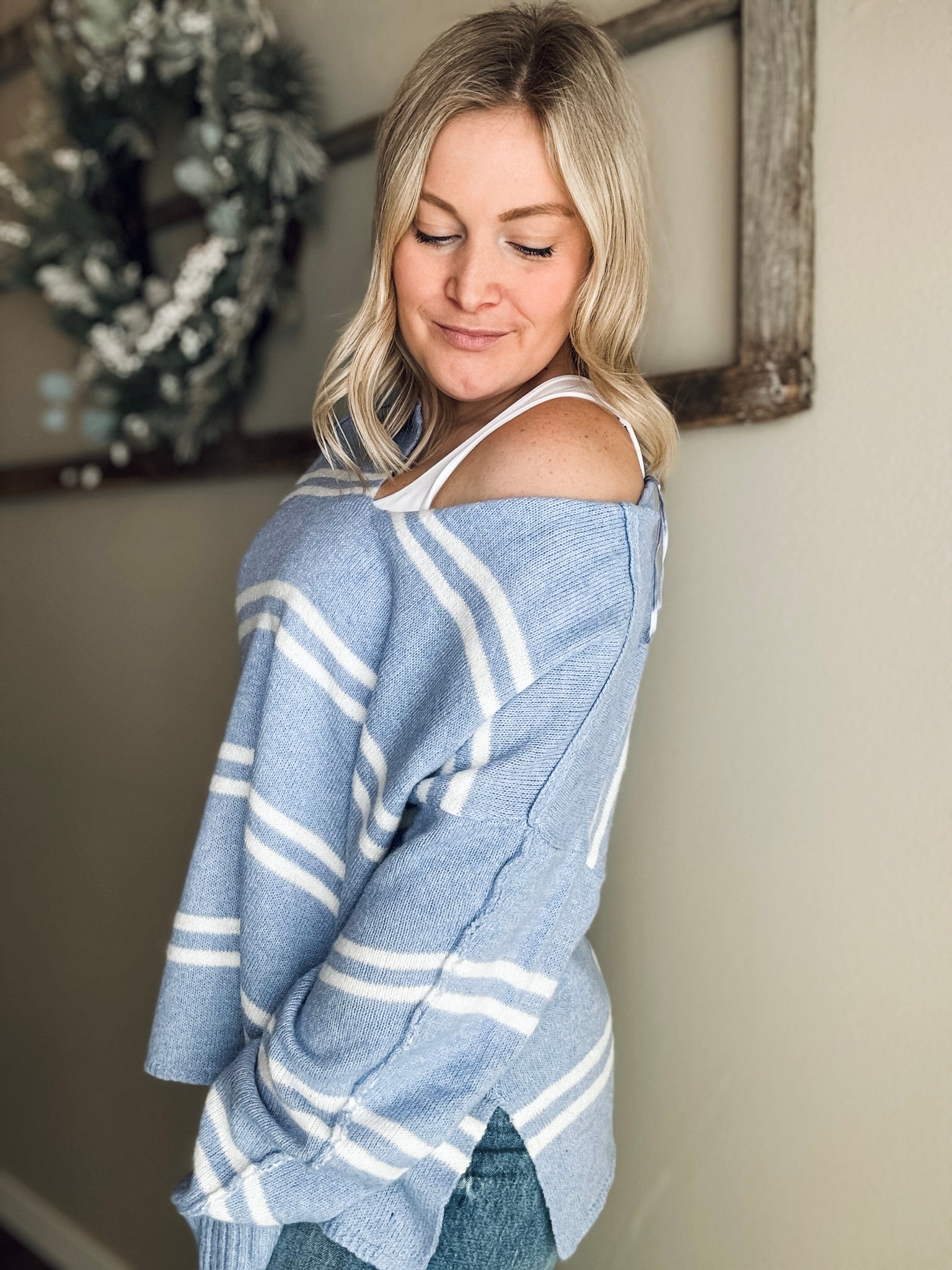 Emory Notched Neck Stripe Sweater