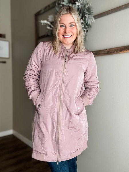 Berklee Long Quilted Bomber Jacket - Dusty Rose