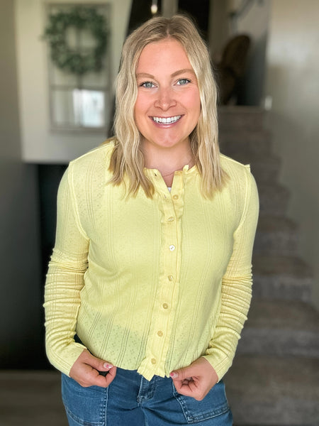 Long Sleeve Pointelle Button-Up Cardigan - Yellow