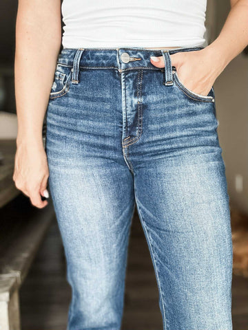 Presley High Rise Straight Cuffed Jeans - Dark Wash