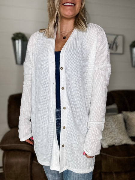 Hadlie Waffle Button Down Cardigan - White - SIZE SMALL