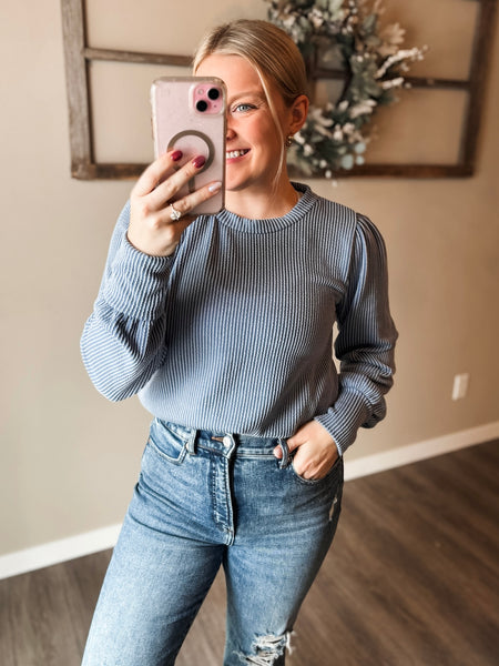 Simply Styled Balloon Sleeve Knit Top - Denim