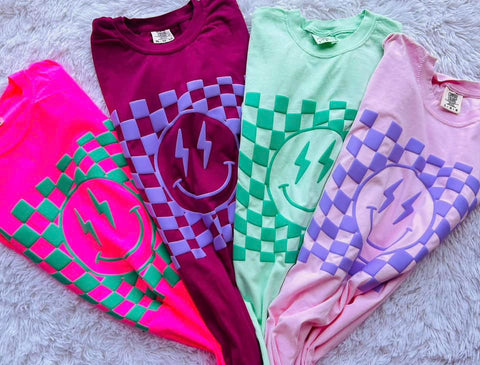 Checkered Smiley Puff Tees - 4 Color Options