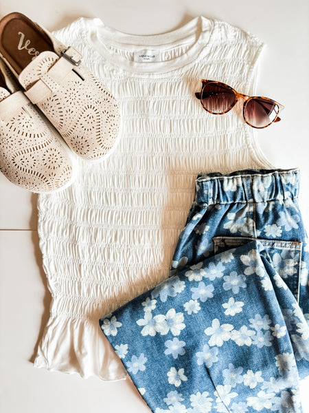 Bridgette Smocked Ruffle Hem Tank - White