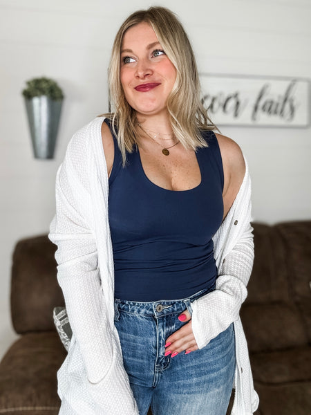 Hadlie Waffle Button Down Cardigan - White - SIZE SMALL