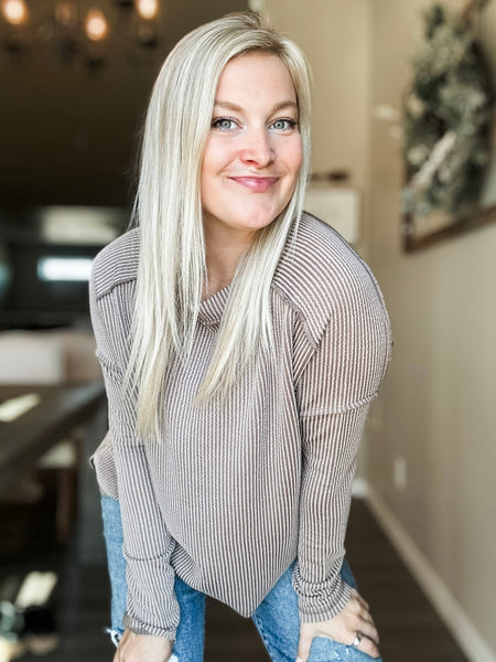 Wander & Rest Cable Ribbed Knit Drop Shoulder Top - Mocha - SIZE L/XL