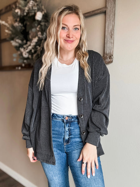 Perri Ribbed Cardigan - Charcoal - SIZE SMALL