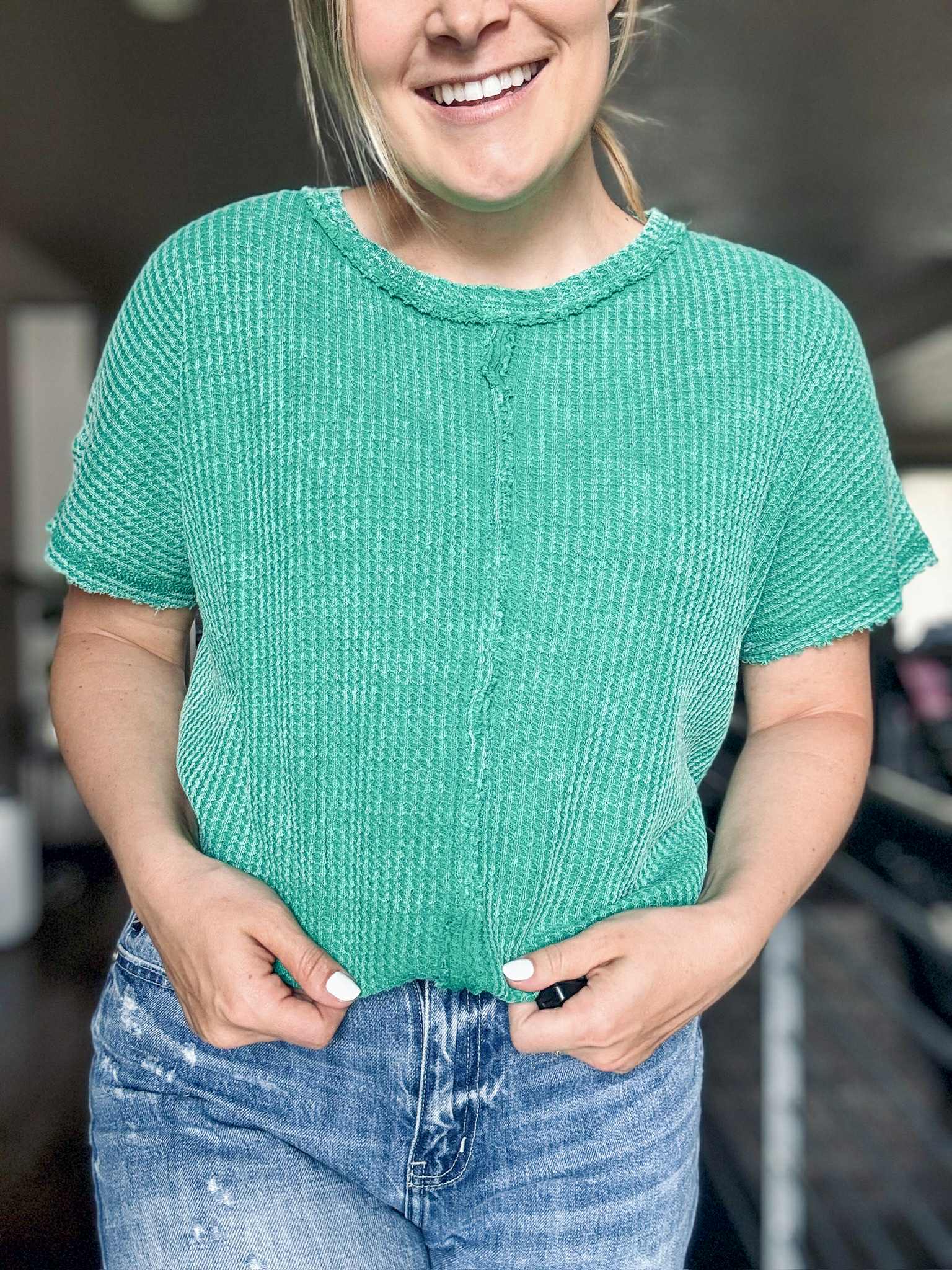 Greer Waffle Knit Top - Green - SIZE L/XL