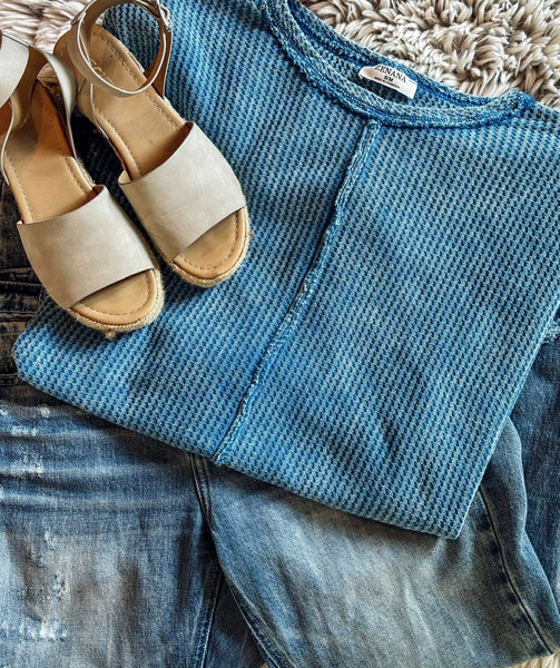Greer Waffle Knit Top - Blue
