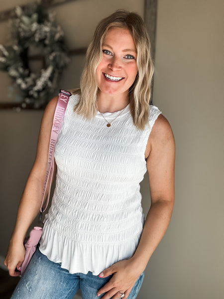 Bridgette Smocked Ruffle Hem Tank - White