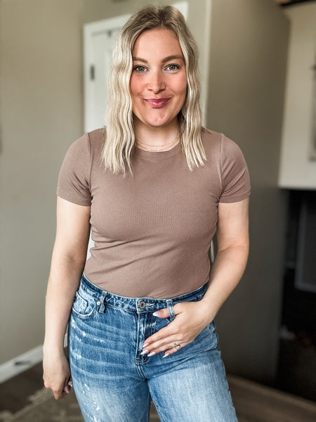 Zuri Micro-Ribbed Short Sleeve - Taupe