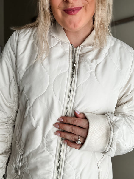 Berklee Long Quilted Bomber Jacket - Ivory