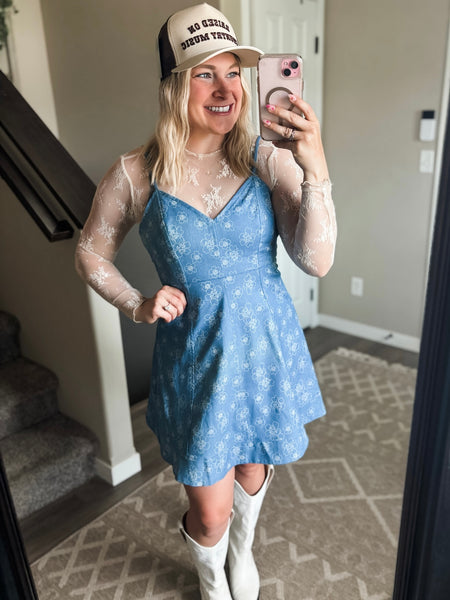 Denim Floral Cami Dress - Light Denim