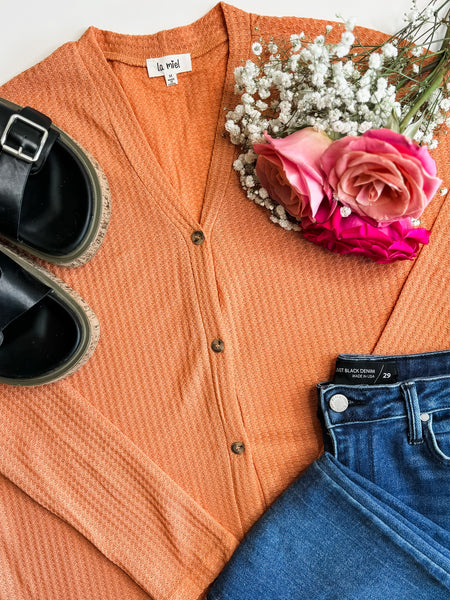 Hadlie Waffle Button Down Cardigan - Cantaloupe