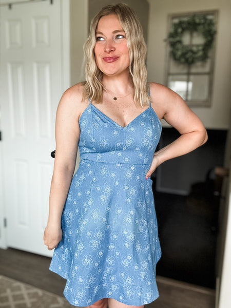 Denim Floral Cami Dress - Light Denim