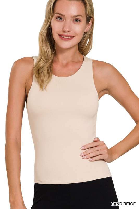 Double Layered Round Neck Tank Top - Sand