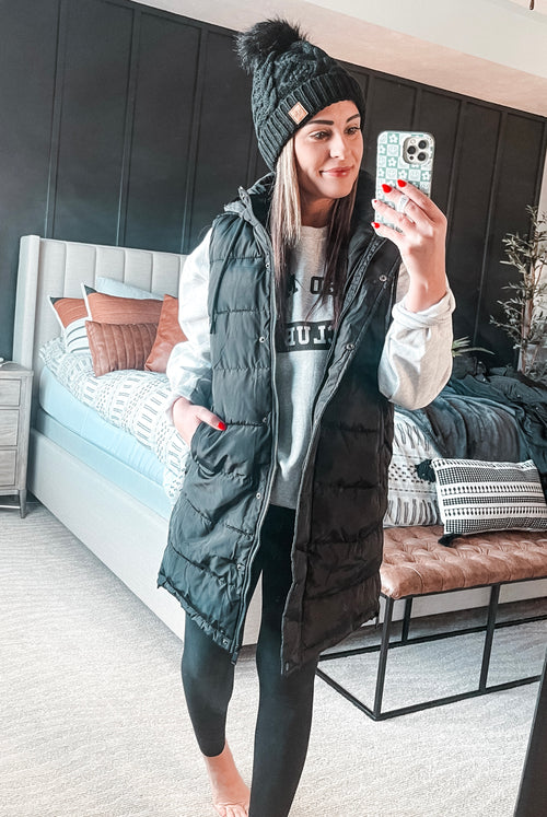 Brendi Black Long Puffer Vest - Black