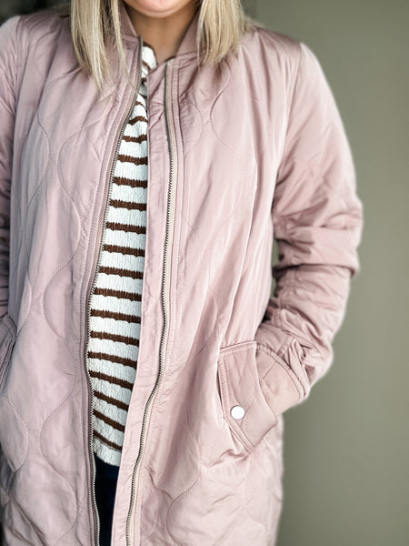 Berklee Long Quilted Bomber Jacket - Dusty Rose