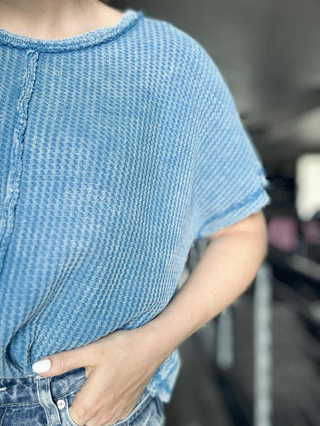 Greer Waffle Knit Top - Blue