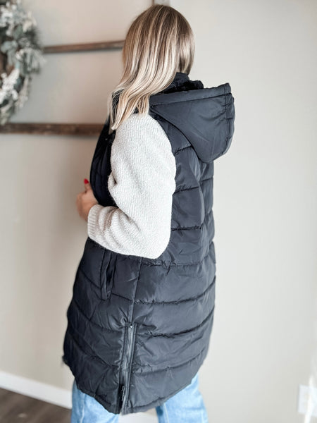 Brendi Black Long Puffer Vest - Black