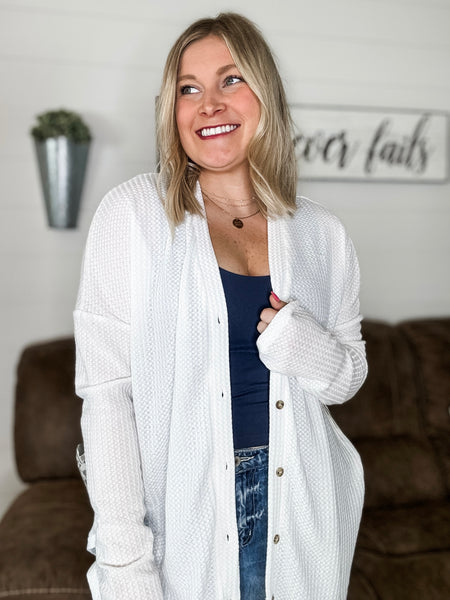 Hadlie Waffle Button Down Cardigan - White - SIZE SMALL
