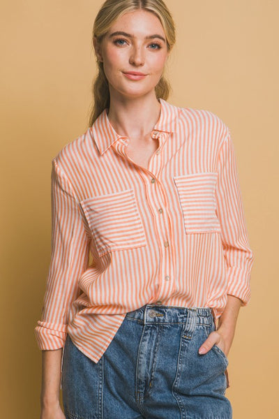 Eliana Stripe Button Up - Orange