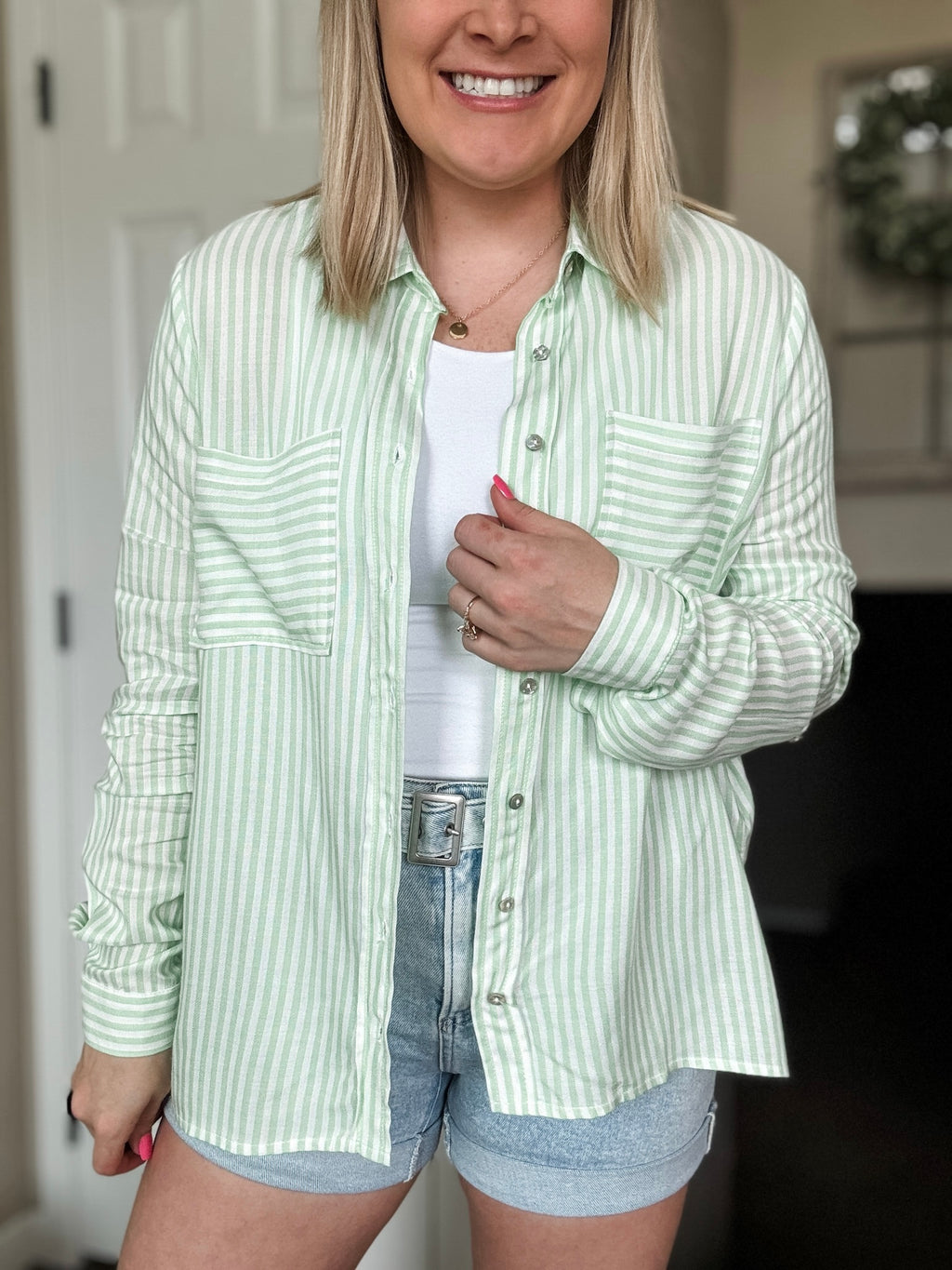 Eliana Stripe Button Up - Lime - SIZE SMALL