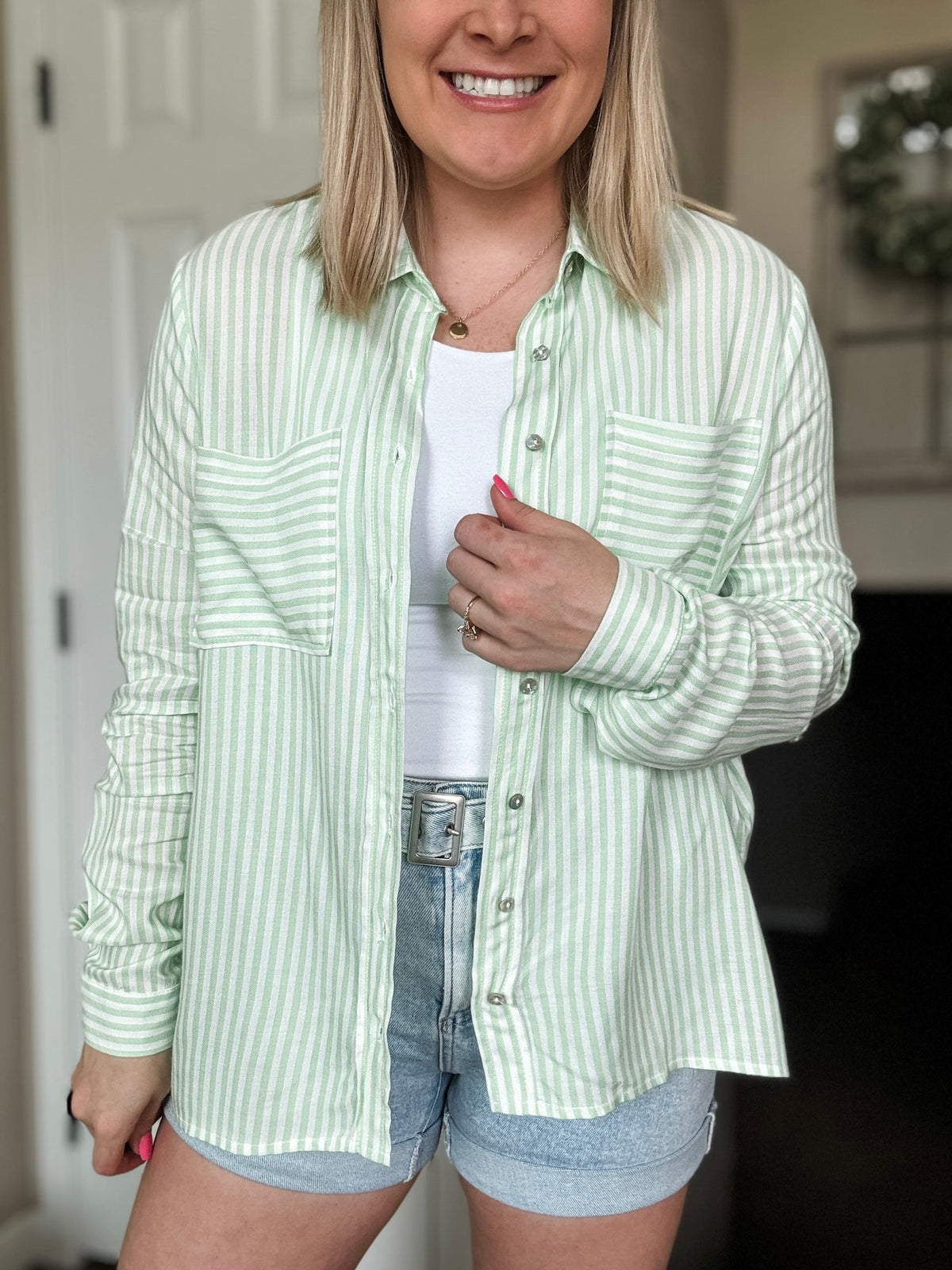 Eliana Stripe Button Up - Lime - SIZE SMALL