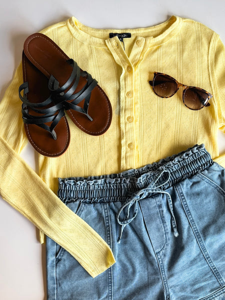 Long Sleeve Pointelle Button-Up Cardigan - Yellow