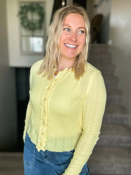 Long Sleeve Pointelle Button-Up Cardigan - Yellow