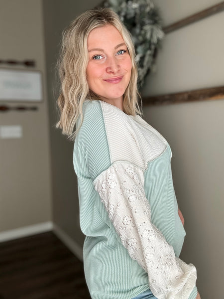 Tally Two Tone Ribbed Top - Sage