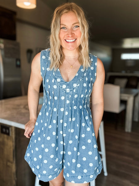 Jacelyn Polka Dot Denim Romper