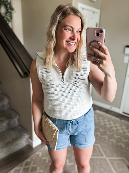 Open Knit Zip Collar Sleeveless Sweater - Ivory