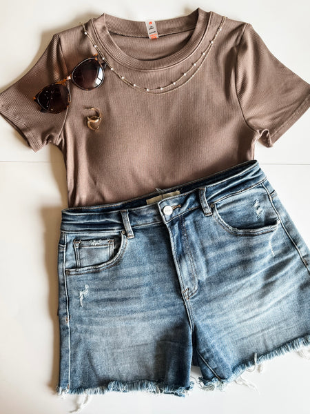 Zuri Micro-Ribbed Short Sleeve - Taupe