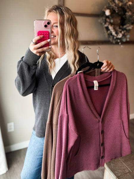 Perri Ribbed Cardigan - Charcoal - SIZE SMALL