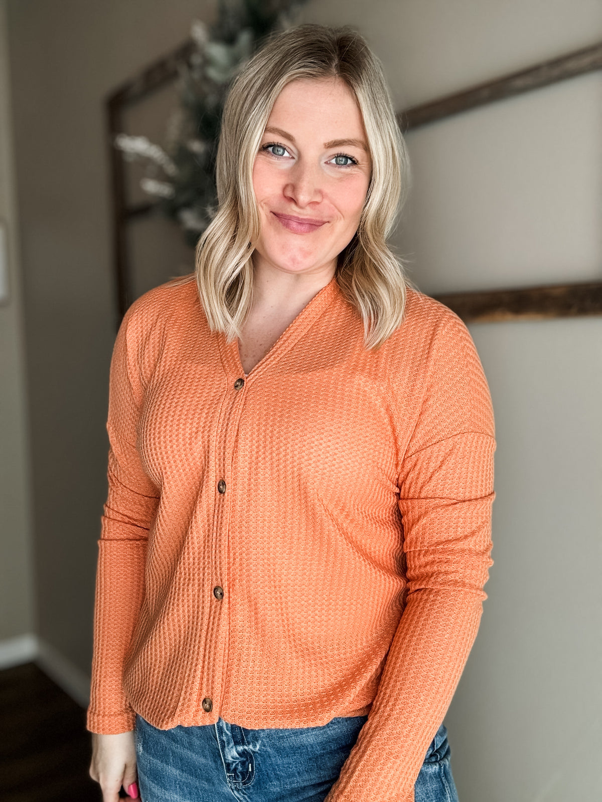 Hadlie Waffle Button Down Cardigan - Cantaloupe - SIZE SMALL
