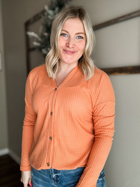 Hadlie Waffle Button Down Cardigan - Cantaloupe