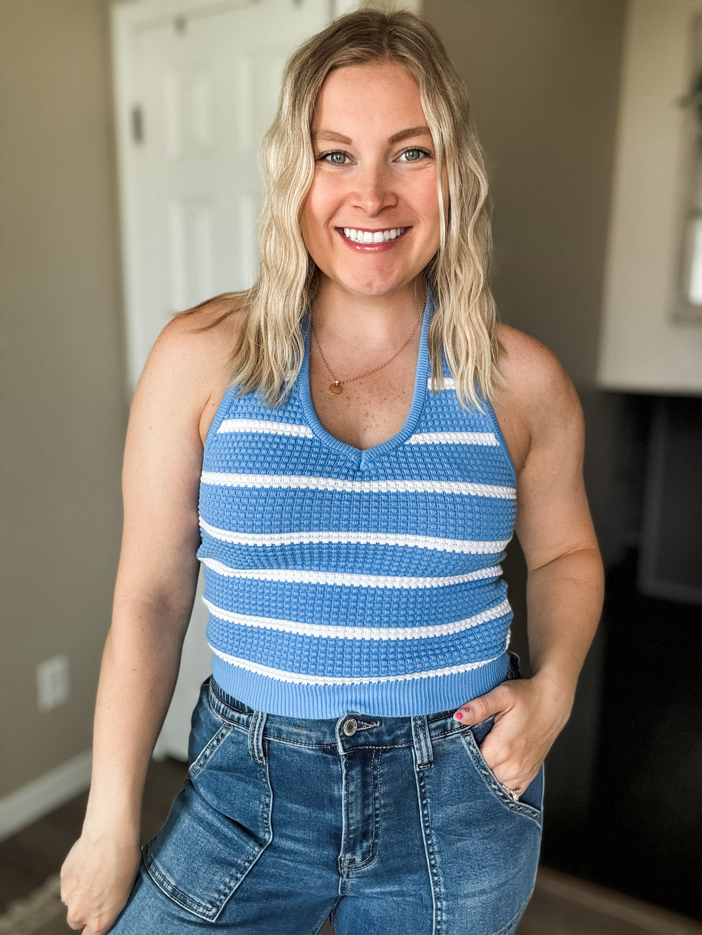 Striped Textured Knit Halter Top