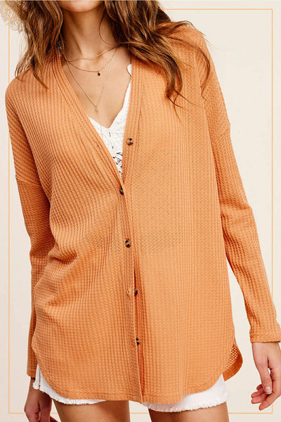 Hadlie Waffle Button Down Cardigan - Cantaloupe