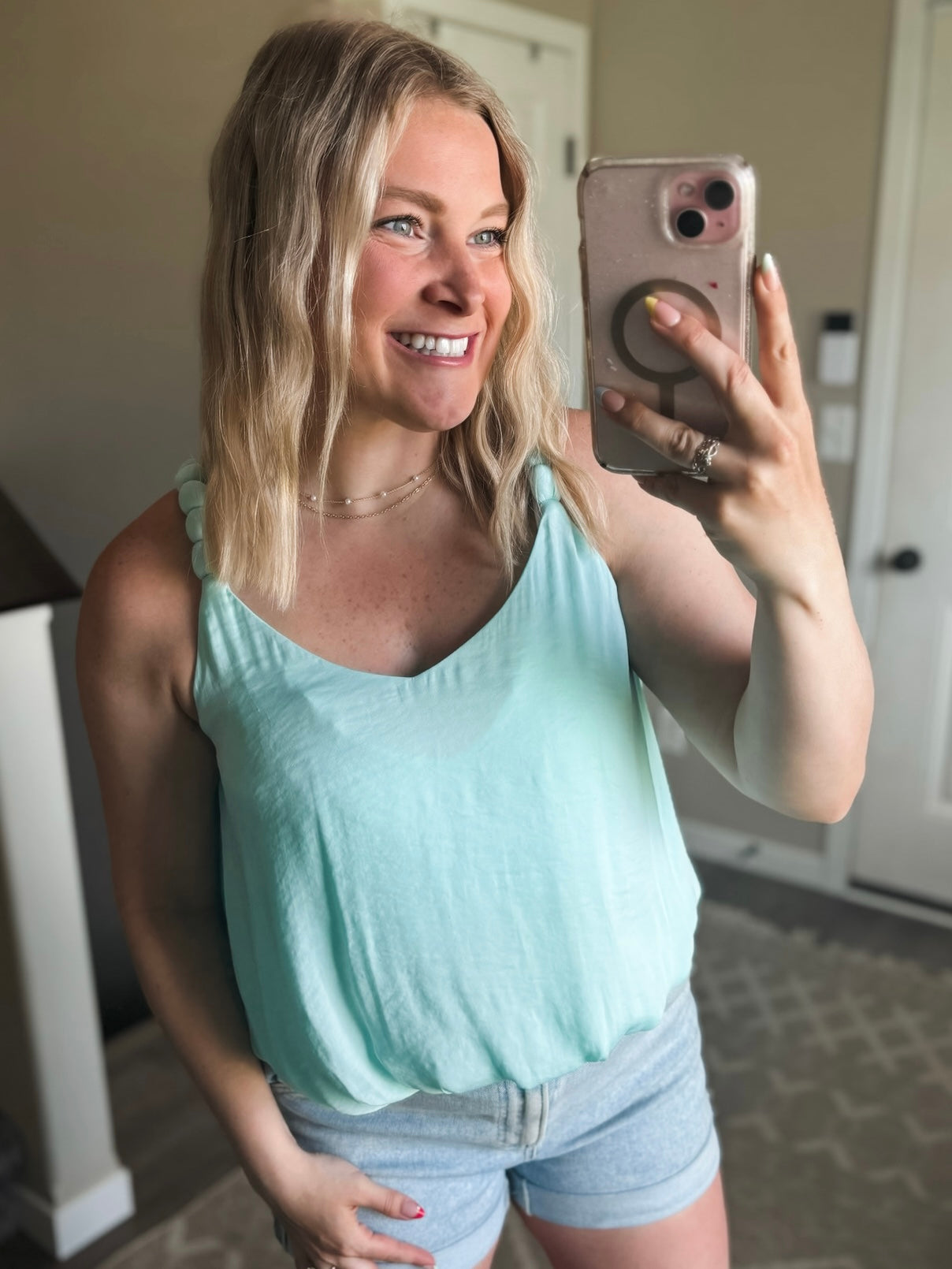 Zaria Billowy Strap Accent Tank - Aqua