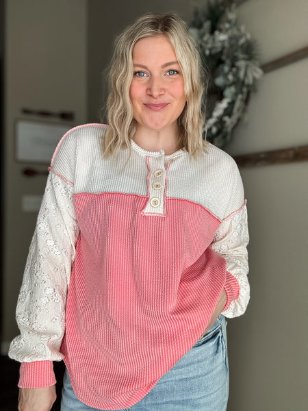 Tally Two Tone Ribbed Top - Coral