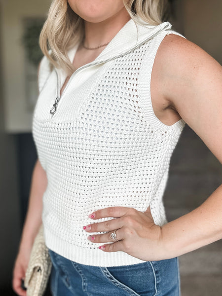 Open Knit Zip Collar Sleeveless Sweater - Ivory