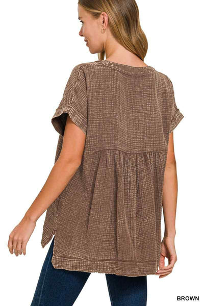 Basic Fade V-Neck Acid Wash Top - Brown - SIZE S/M