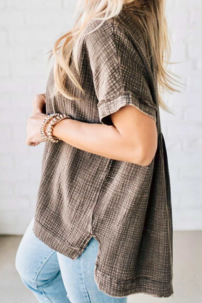 Basic Fade V-Neck Acid Wash Top - Brown - SIZE S/M