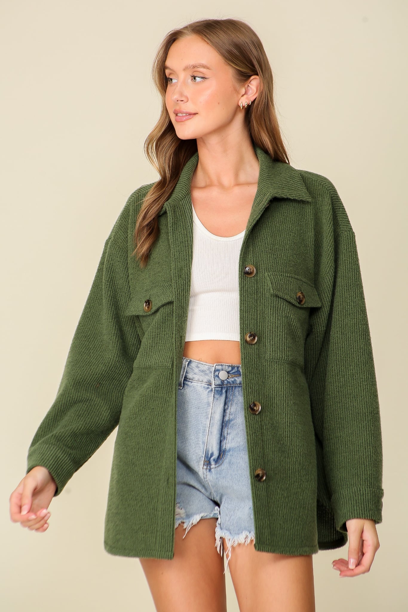 Elana Waffle Knit Shacket - Regular - Green