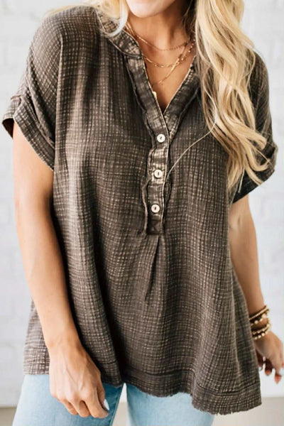 Basic Fade V-Neck Acid Wash Top - Brown - SIZE S/M