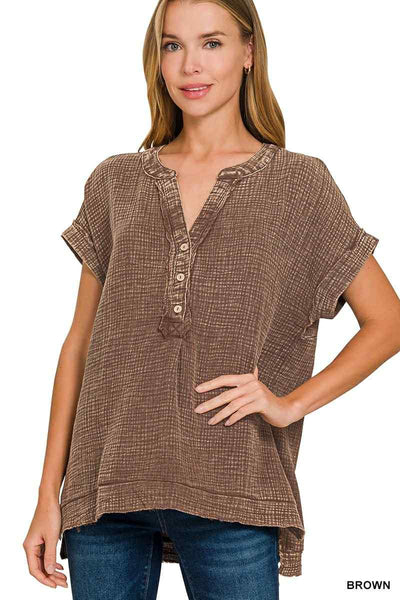 Basic Fade V-Neck Acid Wash Top - Brown - SIZE S/M