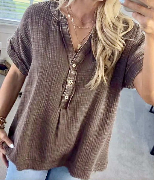 Basic Fade V-Neck Acid Wash Top - Brown - SIZE S/M