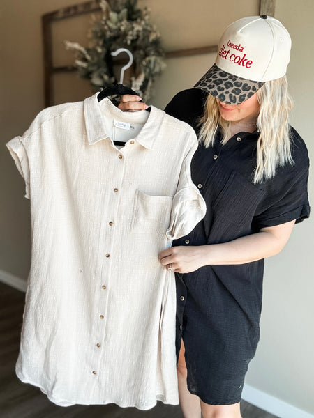 Positano Button Up Shirt Dress - Black